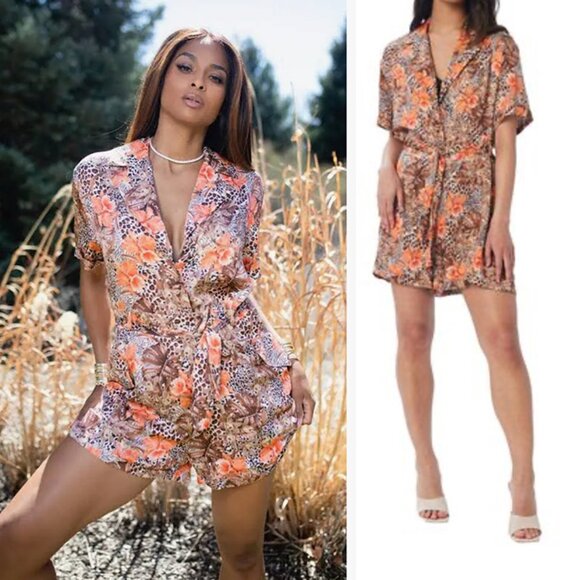 Lita by Ciara Silky Satin Safari Animal Print Utility Romper - Picture 1 of 16